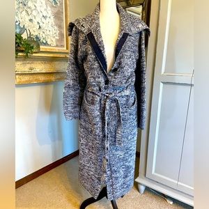 Frame full length blue/white wool sweater coat. Size medium